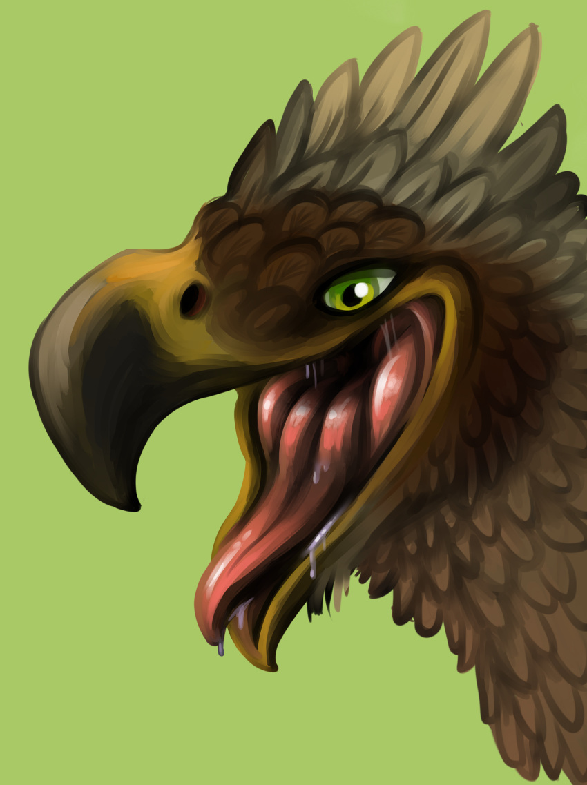 avian beak bodily_fluids brown_body facial_markings feathered_crest feathers female feral green_eyes gryphon head_crest head_markings hi_res markings mask_(marking) mouth_shot mythological_avian mythology open_mouth pteranosaur_(artist) saliva serilde tongue tongue_out