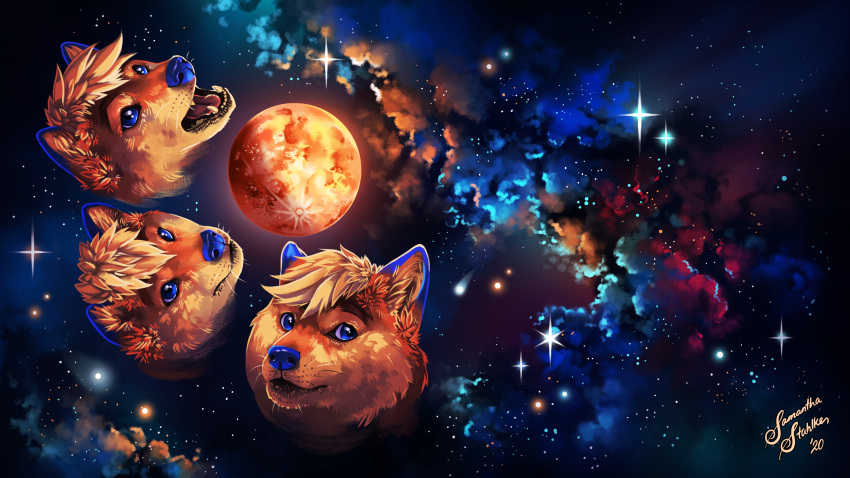 16:9 2020 4k absurd_res ambiguous_gender blue_eyes blue_nose canid canine canis charlatan-of-doom doge domestic_dog fur group hi_res mammal meme moon orange_body orange_fur shiba_inu space spitz star three_wolf_moon whiskers widescreen