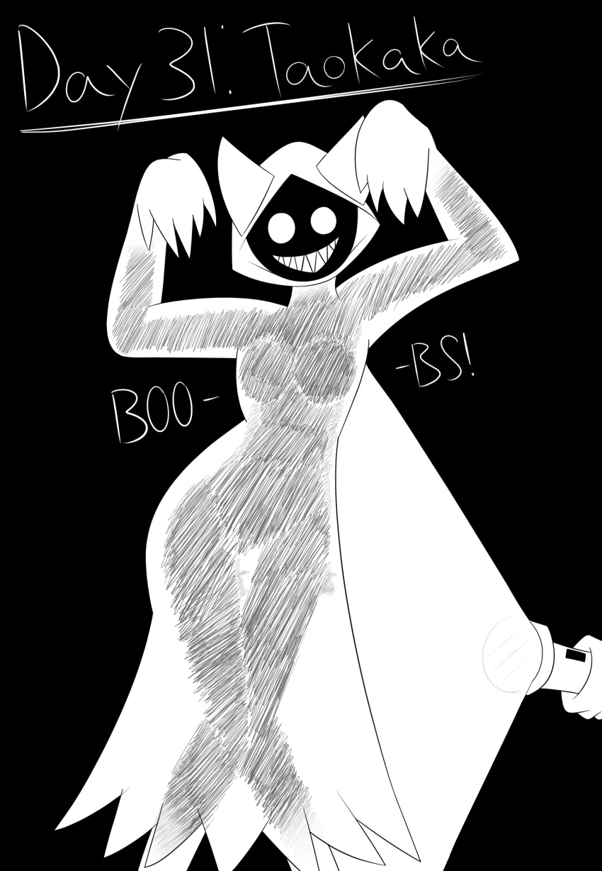 2021 absurd_res ambiguous_gender anthro black_and_white blazblue breasts clothing disembodied_hand duo felid female flashlight full-length_portrait ghost_costume grin hi_res himitsu kaka_(blazblue) mammal monochrome portrait sketch smile taokaka text translucent translucent_clothing video_games