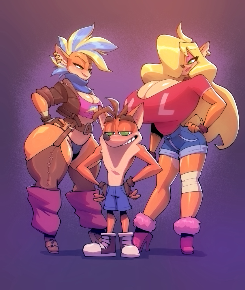 activision anthro bandicoot big_breasts big_butt bigdad blonde_hair breast_size_difference breasts butt butt_size_difference cleavage clothed clothing crash_bandicoot crash_bandicoot_(series) female group hair hi_res huge_breasts huge_butt huge_thighs larger_female male mammal marsupial pirate_tawna size_difference square_crossover tawna_bandicoot thick_thighs trio video_games wide_hips
