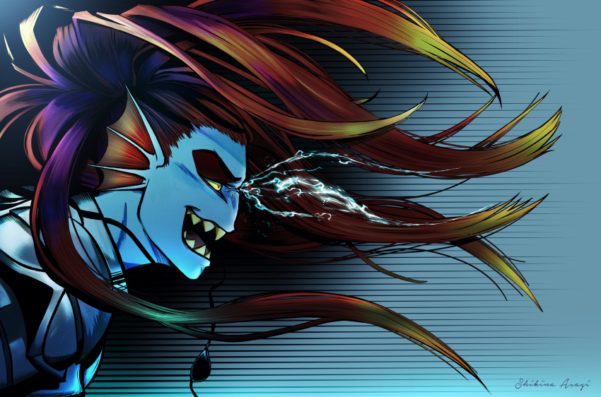 absurd_res animal_humanoid armor asagi_009c9e blue_body blue_skin ear_fins eye_patch eyewear female fin fish fish_humanoid hair hi_res humanoid marine marine_humanoid open_mouth ponytail pupils red_hair sharp_teeth shoulder_guards side_view slit_pupils solo teeth undertale_(series) undyne yellow_sclera