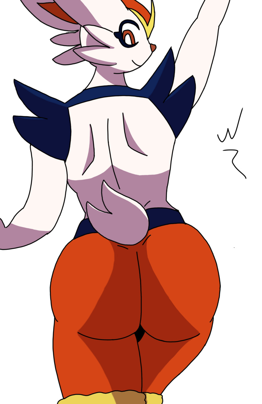 absurd_res anthro big_butt butt cinderace digital_media_(artwork) female fur hi_res lagomorph looking_back mammal nintendo nitrozo pok&eacute;mon pok&eacute;mon_(species) simple_background smile solo thick_thighs video_games white_body white_fur wide_hips