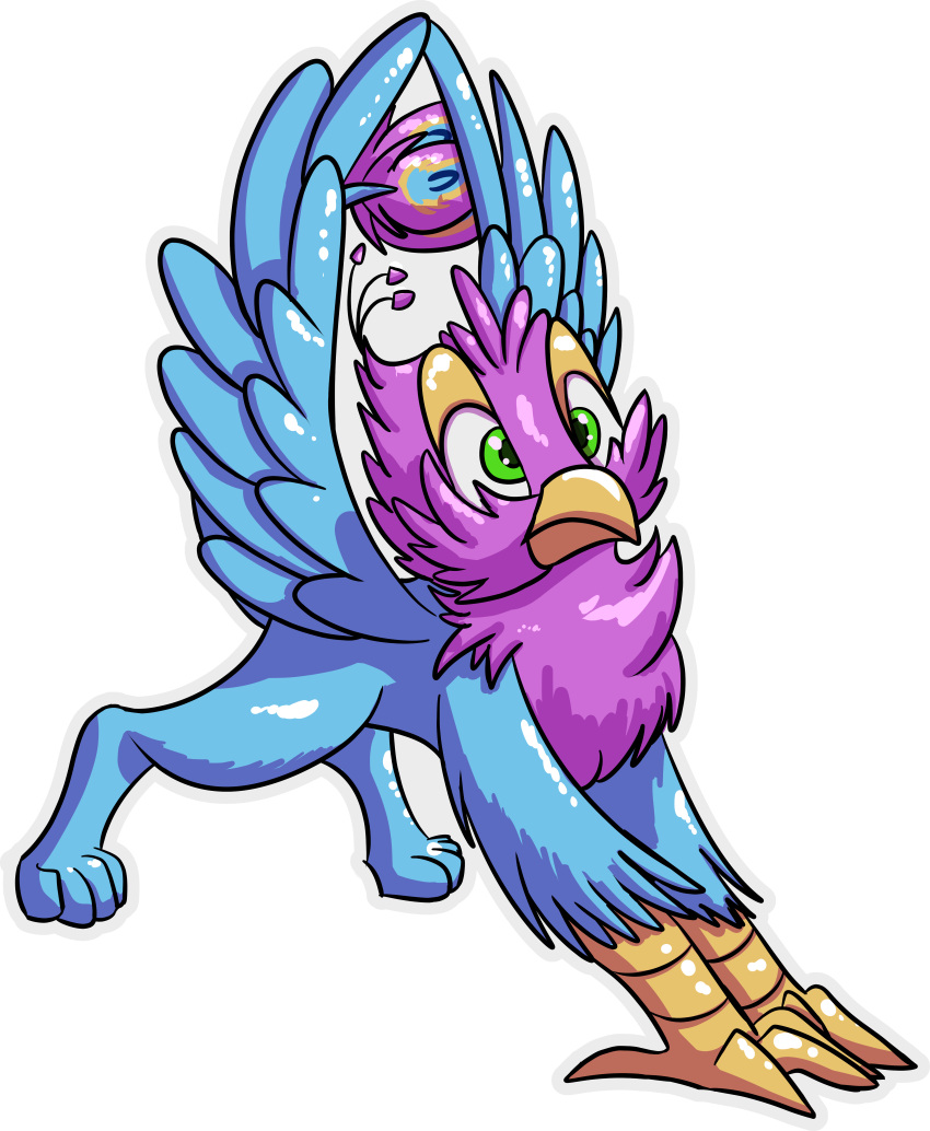 absurd_res alpha_channel avian beak bird bird_feet blue_body cutepencilcase feathered_crest feathered_wings feathers feral galliform green_eyes gryphon gyro_feather gyrotech head_crest hi_res male mythological_avian mythology paws peafowl phasianid pink_body quadruped solo tail_tuft tuft wings