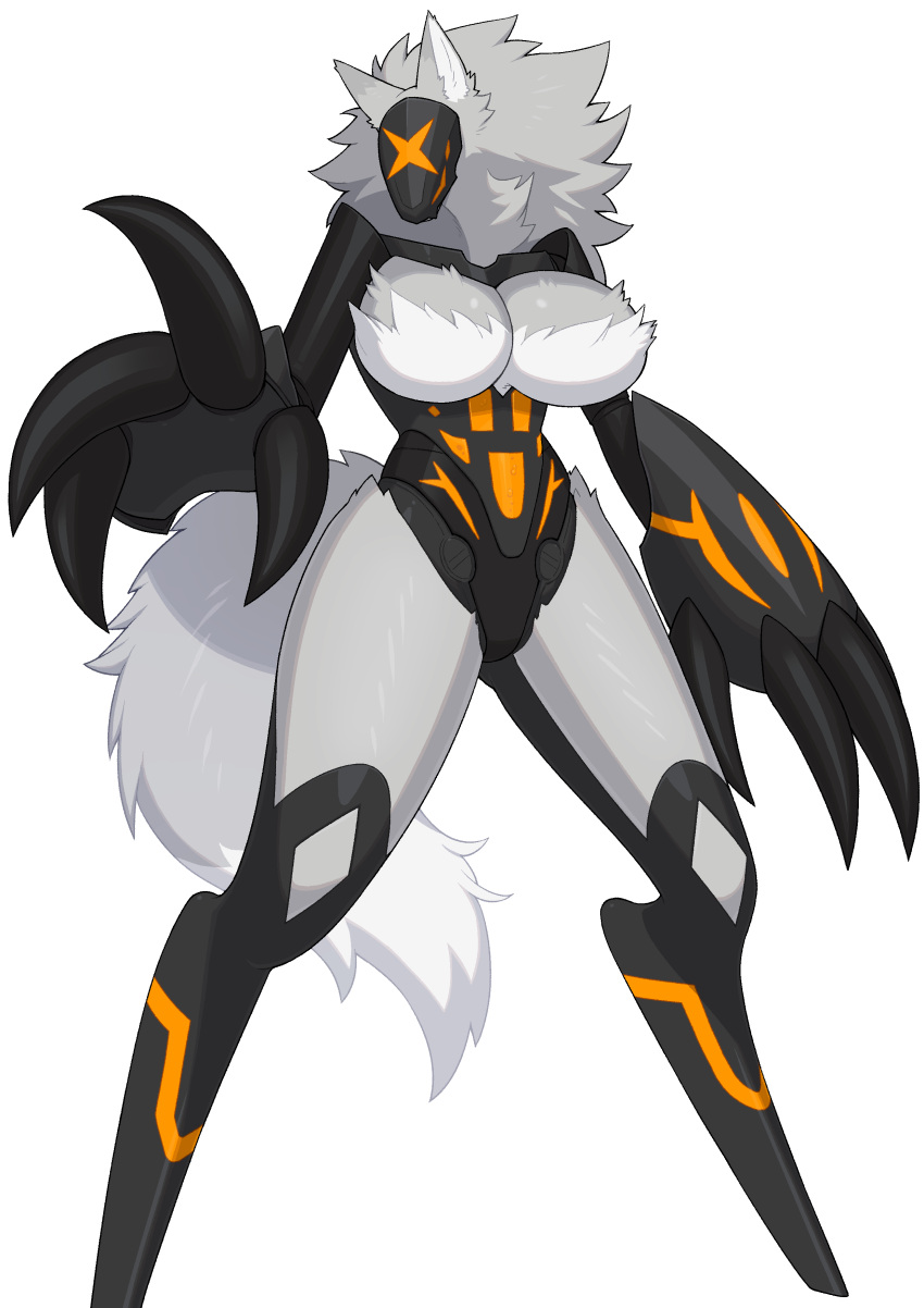 absurd_res anthro big_breasts big_fangs big_hands breasts clothing cybernetics cyborg domi-0 domino_sisters exposed_breasts female fluffy fluffy_tail fur grey_body grey_fur hair hi_res ineffective_clothing kemono long_hair machine mask naturally_censored nude robot solo white_body white_fur yamame513