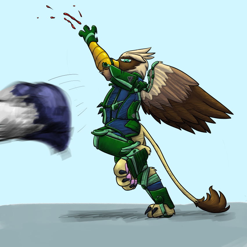 1:1 absurd_res ambiguous_gender avian beak bird_feet blood bodily_fluids brown_body captainhoers duo exoskeleton facial_markings feathered_crest feathered_wings feathers female feral green_eyes gryphon gyrotech head_crest head_markings hi_res hooves markings mask_(marking) mythological_avian mythology pawpads paws quadruped serilde tail_tuft tuft wings yellow_body
