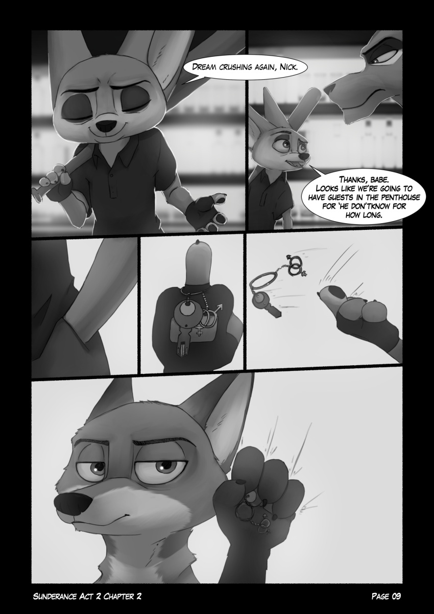 2021 anthro baseball_bat bat_(object) biped black_border border bottomwear canid canine clothed clothing comic dialogue disney english_text eyes_closed felid fennec fingerless_gloves finnick fox foxxj gesture gloves greyscale group handwear hi_res holding_object key lion male mammal middle_finger monochrome motion_lines nick_wilde pantherine pants shirt speech_bubble text topwear zira zootopia