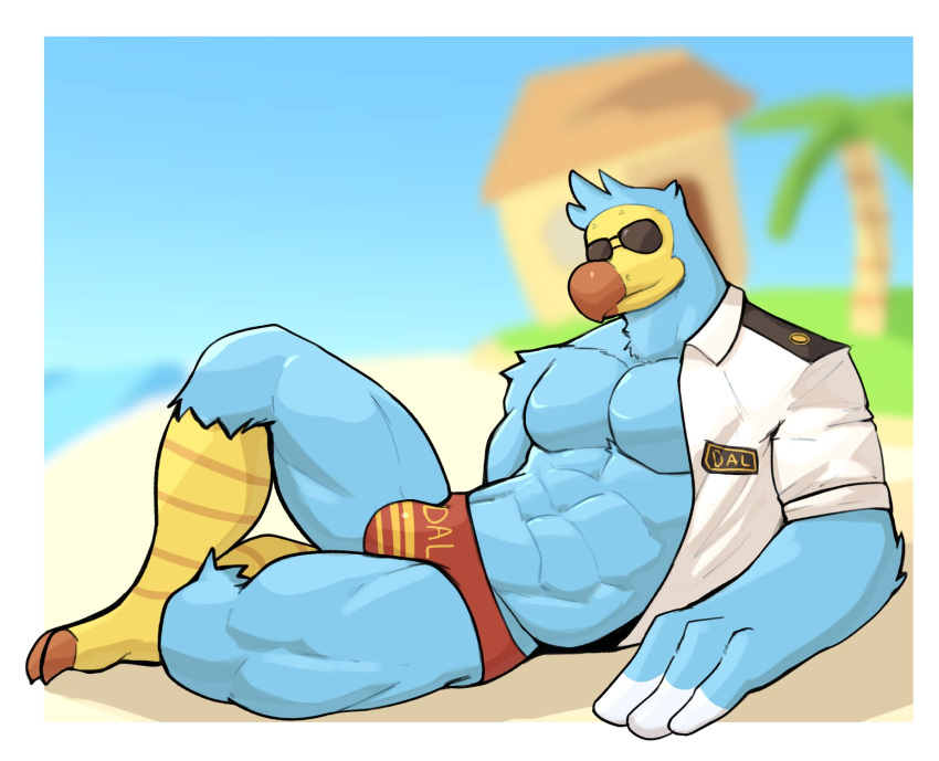 2021 abs animal_crossing anthro avian beak big_bulge big_muscles bird blurred_background border building bulge clothed clothing columbid day dodo eyewear feathers hi_res house island jrjresq looking_at_viewer lying male muscular muscular_anthro muscular_male navel nintendo on_side open_clothing open_shirt open_topwear outside palm_tree pecs plant sand shirt solo sunglasses talons thong topwear tree underwear video_games water white_border wilbur_(animal_crossing)
