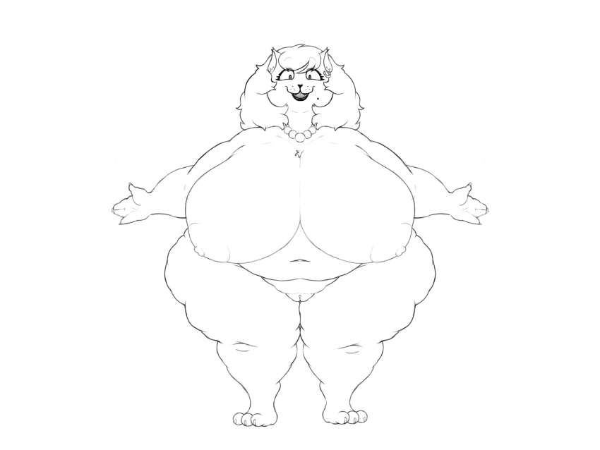 absurd_res anthro areola bead_necklace belly big_belly big_breasts black_and_white breasts catty_(undertale) cellulite chubby_cheeks claws curvy_figure deep_navel deltarune domestic_cat dorkass ear_piercing ear_ring fangs felid feline felis female flabby_arms front_view genitals hair hi_res huge_breasts huge_hips huge_thighs hyper hyper_breasts jewelry lips lipstick looking_at_viewer makeup mammal markings mascara mole_(marking) monochrome morbidly_obese morbidly_obese_anthro morbidly_obese_female navel necklace nipples nude obese obese_anthro obese_female open_mouth open_smile overweight overweight_anthro overweight_female piercing pussy simple_background smile solo standing t-pose thick_bottom_lip thick_thighs undertale_(series) video_games voluptuous wide_hips