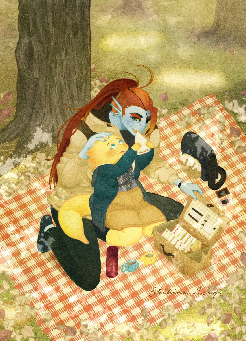 alphys animal_humanoid anthro anthro_on_anthro asagi_009c9e basket beverage biped blue_body blue_skin blush clothing coat container dinosaur dress duo ear_fins eye_contact female female/female fin fish fish_humanoid food grass hair hi_res humanoid leaf looking_at_another marine marine_humanoid on_lap picnic_basket picnic_blanket plant purse red_hair reptile sandwich_(food) scalie sitting thermos topwear tree undertale_(series) undyne yellow_body yellow_sclera yellow_skin