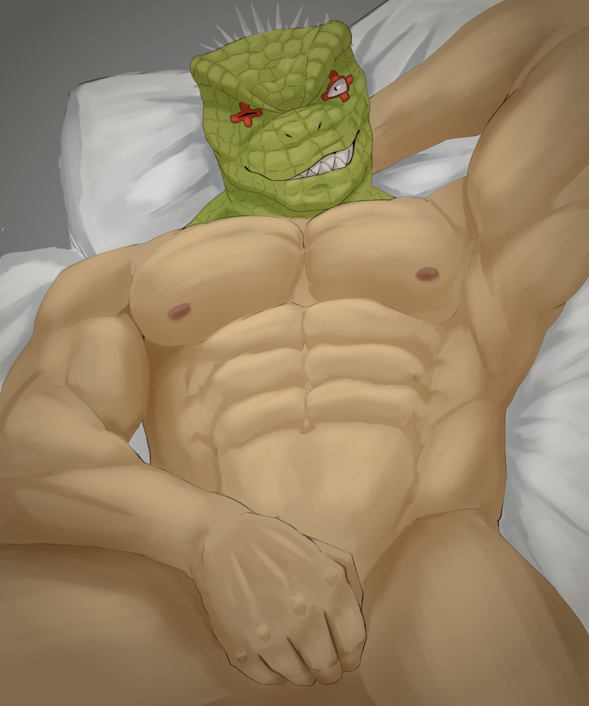 5:6 abs absurd_res animal_head bed_sheet bedding c_andreartz dorohedoro for_a_head hi_res humanoid kaiman_(dorohedoro) looking_at_viewer lying male muscular muscular_humanoid muscular_male nipples nude pecs pillow scales scalie solo spikes spikes_(anatomy) teeth