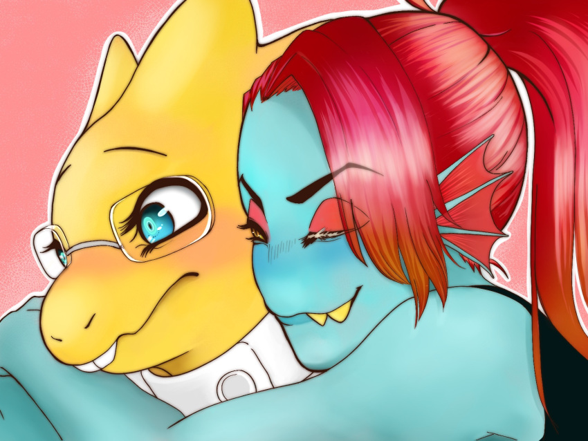 4:3 alphys animal_humanoid anthro anthro_on_anthro asagi_009c9e biped blue_body blue_eyes blue_skin blush clothing coat dinosaur duo embrace eyebrows eyewear female female/female fish fish_humanoid glasses hair hair_over_eye hi_res hug humanoid lab_coat marine marine_humanoid one_eye_closed one_eye_obstructed ponytail red_eyebrows red_hair reptile scalie shirt teeth topwear undertale undertale_(series) undyne video_games yellow_body yellow_sclera yellow_skin