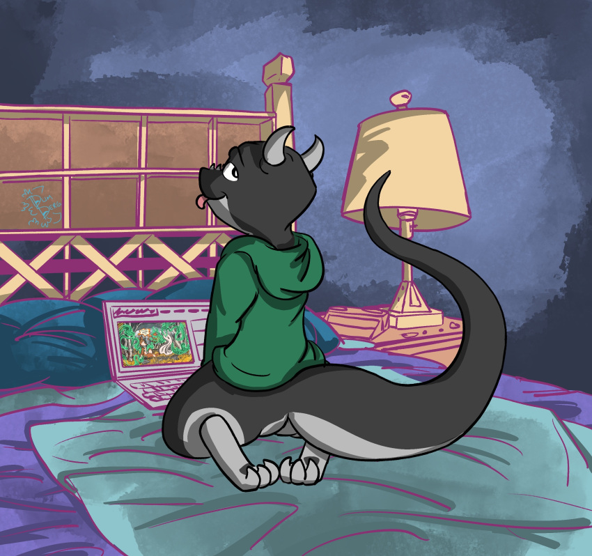 absurd_res anthro bed blep bottomless clothed clothing computer dumderg furniture hi_res hoodie kobold lamp laptop looking_back male pawpads paws solo tongue tongue_out topi_(topicoatl) topwear