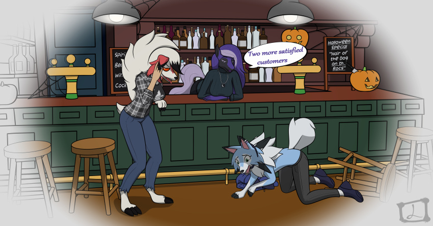 absurd_res alcohol anthro bar bell beverage bottomwear clothing collar confusion denim denim_clothing english_text equid equine eyes_closed female feral_transformation flannel food fruit group halloween hi_res holidays jasmine_(lex-i) jeans lex-i lycanroc mammal midday_lycanroc midnight_lycanroc nintendo pants pepper_(willowdawisp) plant pok&eacute;mon pok&eacute;mon_(species) pub pumpkin robi_(lex-i) satisfied shiny_(disambiguation) shocked species_transformation spectrier sweater text topwear transformation video_games