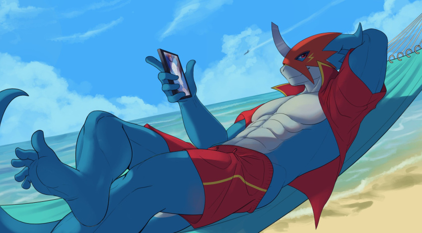 abs aidensuyen17 anthro anus armor balls bandai_namco beach blue_body bottomwear cellphone clothed clothing digimon digimon_(species) flamedramon genitals hammock headgear helmet hi_res looking_at_porn male muscular muscular_anthro muscular_male open_clothing open_shirt open_topwear outside pecs penis phone pornography seaside shirt shorts smartphone solo topwear water
