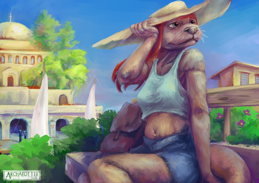 absurd_res anthro archaeotter backpack boat bottomwear clothed clothing female flower hair hat headgear headwear hi_res landscape lutrine mammal mustelid outside plant red_hair shorts sitting solo tree vehicle watercraft