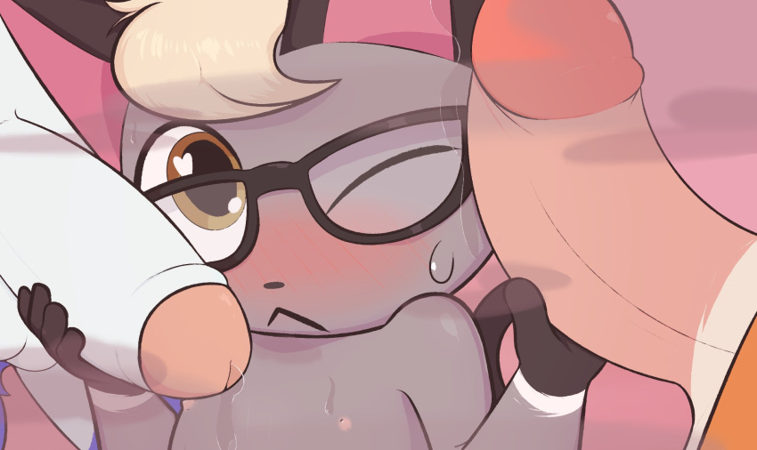 &lt;3 &lt;3_eyes animal_crossing anthro beau_(animal_crossing) blonde_hair blus blush bodily_fluids domestic_cat erection eyewear felid feline felis fur genital_fluids genitals glasses grey_body grey_fur group group_sex hair hi_res holding_penis humanoid_genitalia humanoid_penis lobo_(animal_crossing) male male/male mammal mrdegradation nintendo nipples penis penis_on_face precum raymond_(animal_crossing) sex sweat threesome video_games