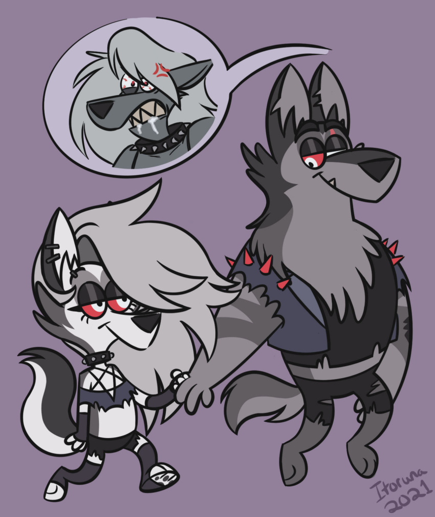 2021 anthro beatrix_dominatrix canid canid_demon canine canis clothing collar demon ear_piercing female fur goth grey_body grey_fur grey_hair hair half-closed_eyes hand_holding hellhound helluva_boss hi_res itoruna jellystone_(hbo_max) loona_(helluva_boss) male mammal narrowed_eyes piercing red_sclera spiked_collar spikes super_fuck_friends torn_clothing tuft vortex_(helluva_boss) white_eyes wolf