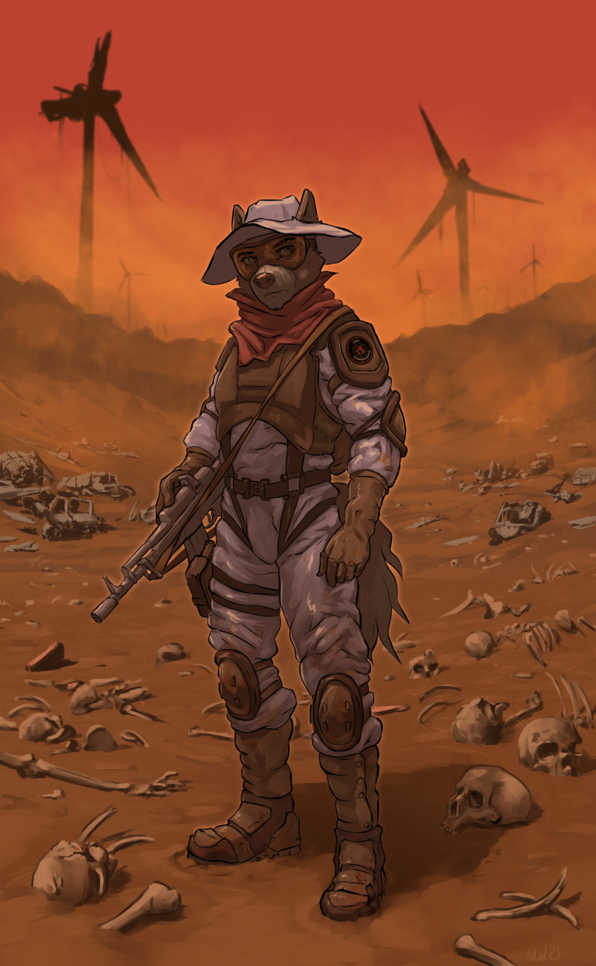anthro armor automatic_rifle bandanna body_armor bone boots brimmed_hat bulge canid canine canis climate_change clothing desert dust elbow_pads eyewear footwear gloves goggles gun handwear harness hat headgear headwear hi_res high_boots jumpsuit kerchief knee_pads logo looking_at_viewer male mammal marsonaut pistol_holster post-apocalyptic ranged_weapon rifle sand shoulder_pads skeleton skull solo tactical_gear weapon wind_turbine windmill wolf wreckage