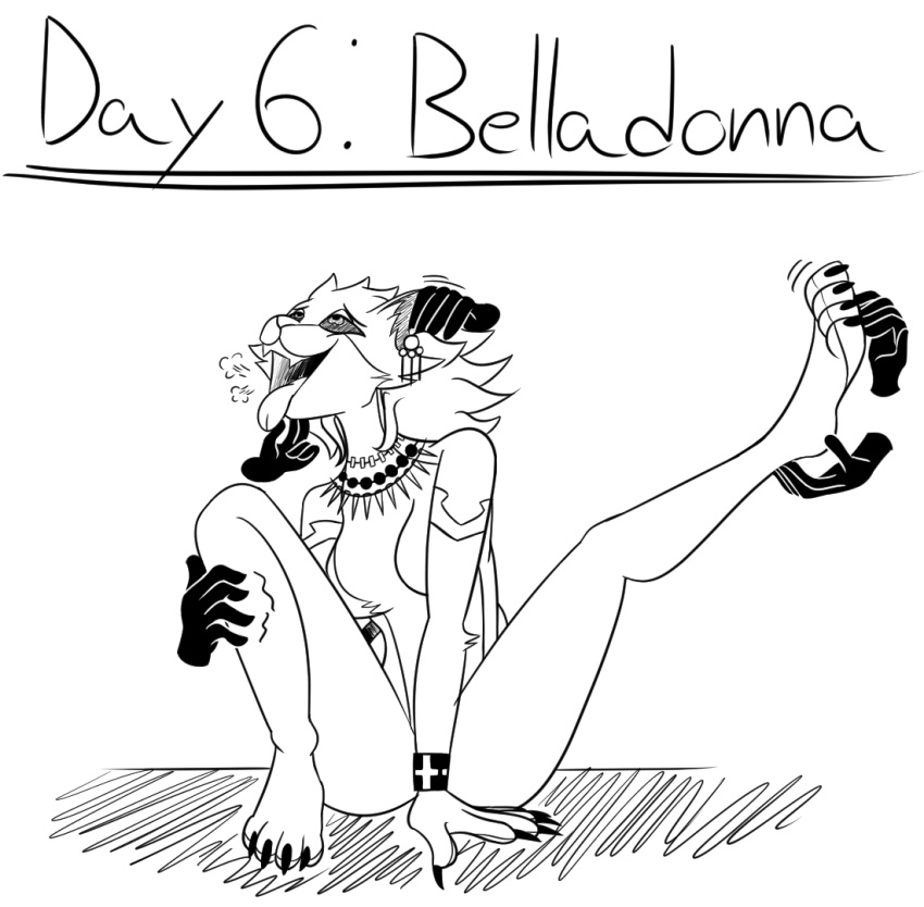 2021 ambiguous_gender anthro belladonna_(trials_of_mana) black_and_white breasts claws disembodied_hand felid feline female female/ambiguous female_focus foot_rub front_view group himitsu jewelry mammal monochrome necklace nude one_leg_up petting plantigrade raised_leg sketch solo_focus tongue tongue_out trials_of_mana
