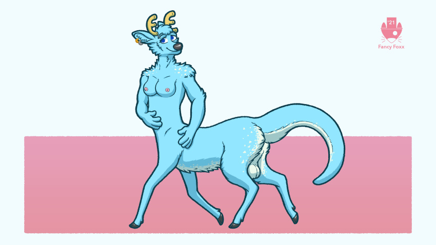 16:9 2021 4_fingers absurd_res antlers areola balls black_nose blue_body blue_eyes blue_fur breasts cel_shading cervid digital_media_(artwork) ear_piercing ear_ring eyebrow_piercing facial_piercing fancy_foxx_(artist) fingers fur genitals girly gynomorph hi_res hooves horn hybrid intersex lutrine mammal mustelid nipples nude piercing shaded side_view simple_background smile solo taur three-quarter_view trans_(lore) trans_woman_(lore) watermark widescreen