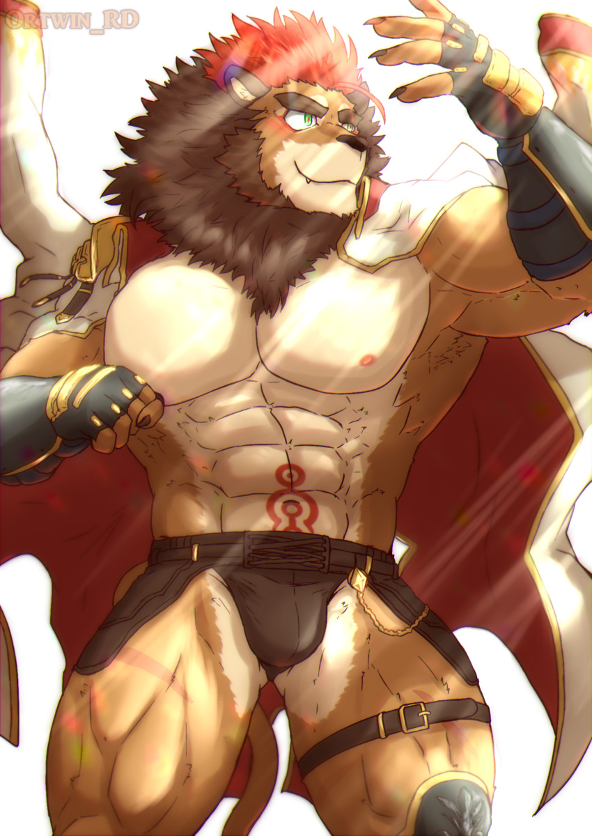 abs another_eidos_of_dragon_vein_r anthro armor bashkar brown_mane bulge clothing felid fingerless_gloves gloves handwear hi_res lion male mammal mane muscular muscular_anthro muscular_male nipples ortwin_rd pantherine pecs solo tattoo unconvincing_armor