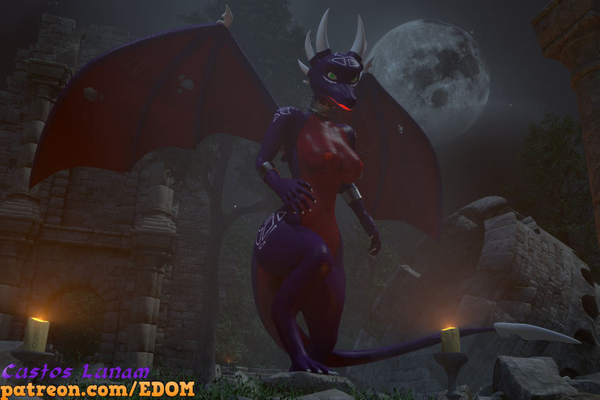 3:2 3d_(artwork) activision angry anthro breasts butt candle castle claws custos_lunam cynder digital_media_(artwork) dragon female forest hi_res horn huge_filesize light medieval moon moonlight outside patreon plant solo spyro_the_dragon text tree url video_games volumetric_lighting wings