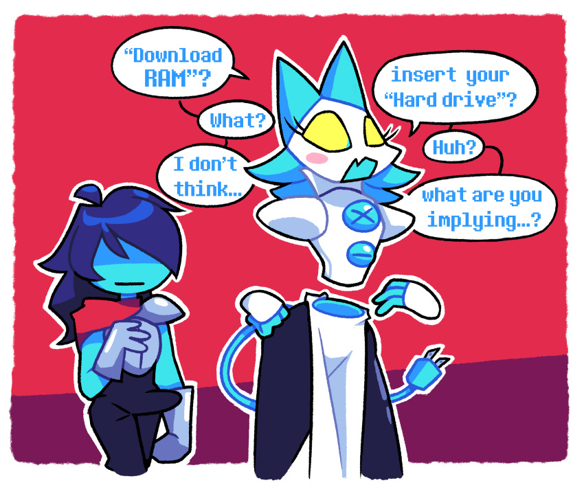 android armor blue_hair blush clothed clothing deltarune dialogue disembodied_hand disembodied_head duo electrical_plug english_text erection erection_under_clothing felid female hair hi_res human humanoid humor kris_(deltarune) machine male mammal pun robot scarf tasque_manager text thatguynamedjoe thick_thighs toony undertale_(series) video_games walking yellow_eyes