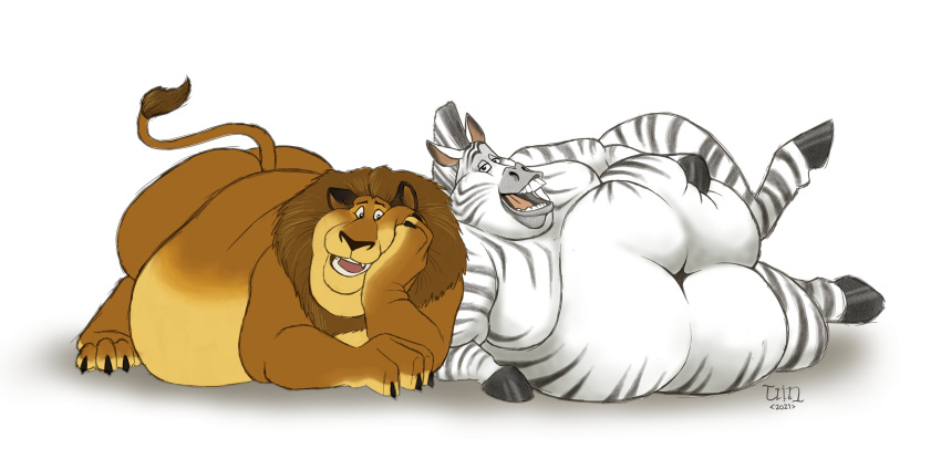 2:1 absurd_res alakay_alex belly big_belly claws dreamworks duo equid equine felid feral hi_res hooves lion madagascar_(series) male mammal marty_the_zebra obese obese_feral overweight overweight_feral pantherine simple_background stripes tlm white_background zebra
