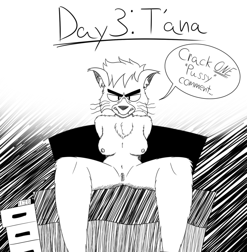 2021 angry anthro black_and_white breasts caitian dialogue dr._t'ana english_text felid female front_view genitals hi_res himitsu mammal monochrome nipples nude portrait pussy sitting sketch solo star_trek star_trek_lower_decks text three-quarter_portrait whiskers