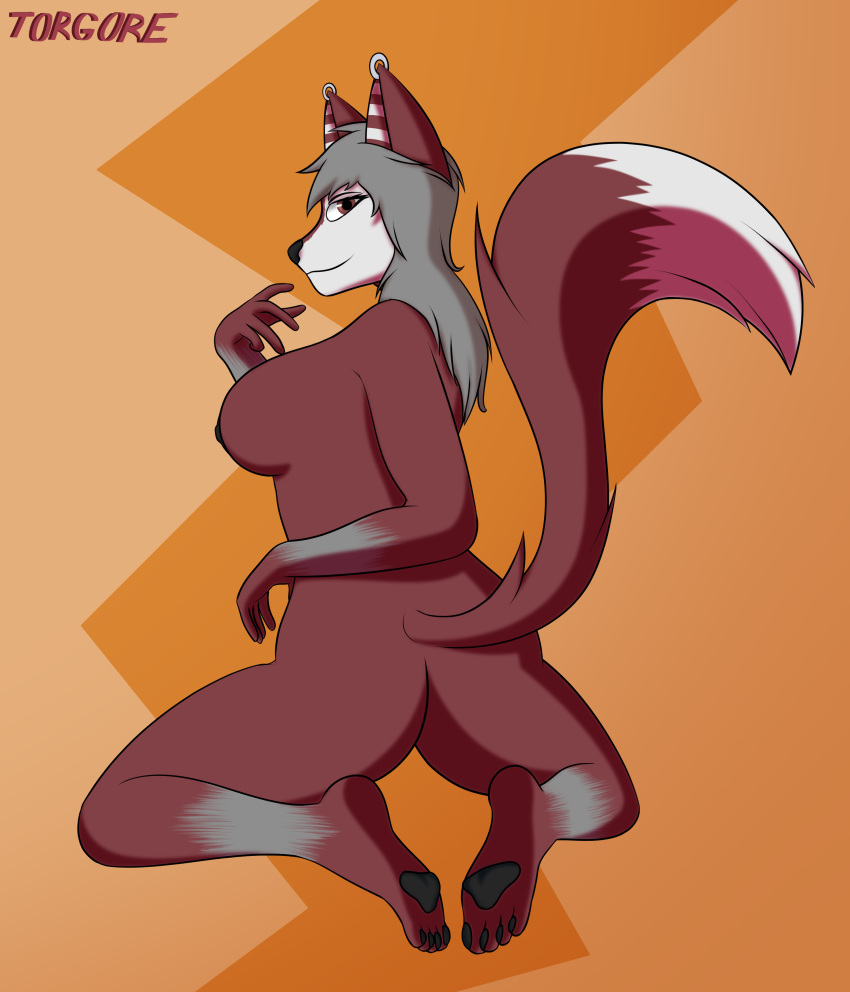 absurd_res anthro butt canid canine canis ear_piercing ear_ring female fox fur grey_hair hair hi_res hybrid looking_at_viewer mammal nipples nude pawpads piercing red_body red_eyes red_fur solo torgore wolf