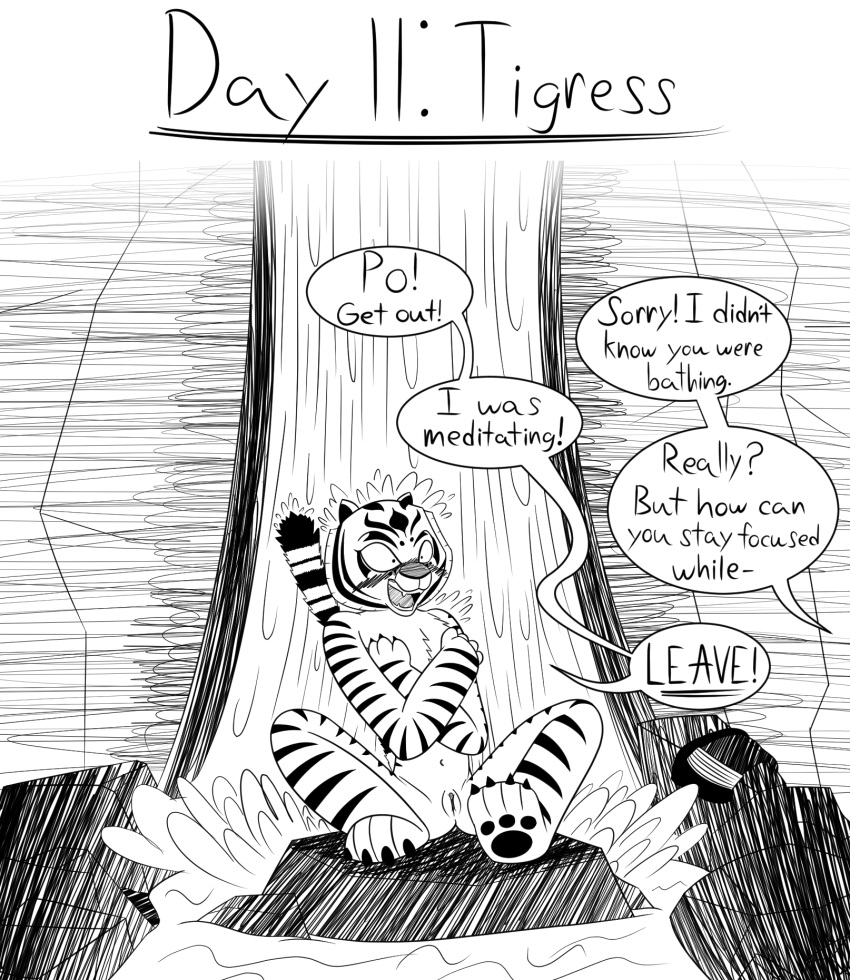 2021 anthro caught covering covering_breasts covering_self dialogue dreamworks embarrassed embarrassed_nude_female english_text felid female front_view genitals hi_res himitsu kung_fu_panda mammal master_tigress monochrome nude pantherine pussy raised_tail shocked sitting solo speech_bubble stripes text tiger unseen_character