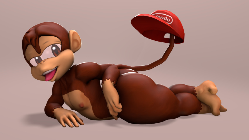 16:9 3d_(artwork) 4k absurd_res anthro ape big_butt butt clothing diddy_kong digital_media_(artwork) donkey_kong_(series) feet fur hair haplorhine headgear headwear hi_res looking_at_viewer male mammal monkey nintendo nipples nude open_mouth primate simple_background solo source_filmmaker thick_thighs tongue tongue_out video_games wide_hips widescreen xerm