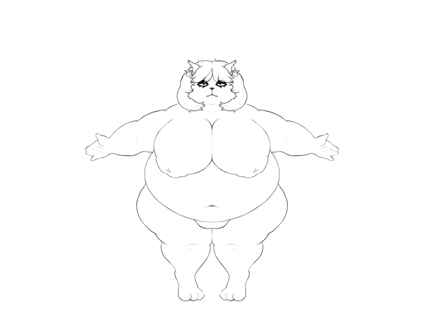 absurd_res anthro areola belly big_belly big_breasts black_and_white bodypaint breasts catti_(deltarune) chubby_cheeks curvy_figure deep_navel deltarune domestic_cat dorkass ear_piercing ear_ring eyeshadow face_paint fangs felid feline felis female flabby_arms front_view frown genitals hair half-closed_eyes hi_res highlights_(coloring) huge_breasts looking_at_viewer makeup mammal mascara monochrome morbidly_obese morbidly_obese_anthro morbidly_obese_female narrowed_eyes navel nipples nude obese obese_anthro obese_female overweight overweight_anthro overweight_female piercing puffy_nipples pussy simple_background solo standing t-pose thick_thighs undertale_(series) video_games voluptuous whiskers wide_hips