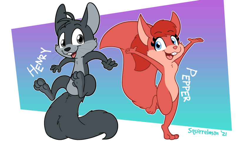 16:9 2021 anthro arms_above_head balancing_on_tail barefoot big_ears big_feet black_body black_fur black_nose blue_eyes buckteeth crossgender digital_media_(artwork) digitigrade duo feet female fluffy fluffy_tail fur grey_body grey_eyes grey_fur hair henry_squirrelman hi_res long_hair male mammal nude one_leg_up open_mouth paws pepper_(squirrelman) pink_nose ponytail raised_arms raised_leg raised_paw raised_tail red_body red_fur red_hair rodent sciurid simple_background sitting smile square_crossover squirrel_tail squirrelman teeth text toes tongue tree_squirrel whiskers widescreen