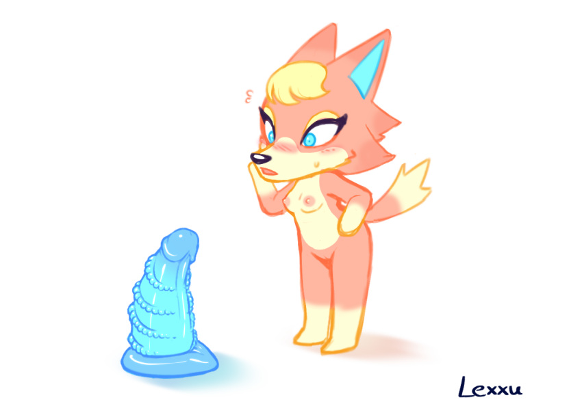 animal_crossing anthro audie_(animal_crossing) blonde_hair blue_dildo blue_eyes blush breasts canid canine canis dildo female genitals hair lexxuu looking_at_object mammal markings nintendo nipples nude pussy sex_toy simple_background solo unusual_dildo unusual_sex_toy video_games white_background white_markings wolf