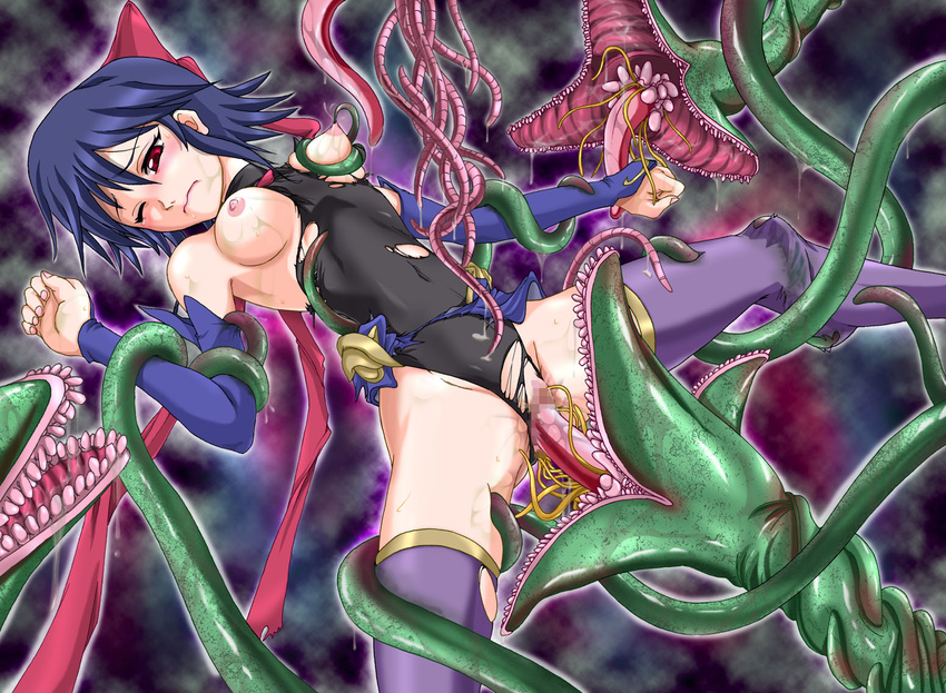 blue_hair blush boots censored detached_sleeves kagano_ai mahou_shoujo_ai plant rape red_eyes ribbon short_hair tentacles thigh_boots thighhighs tongue torn_clothes