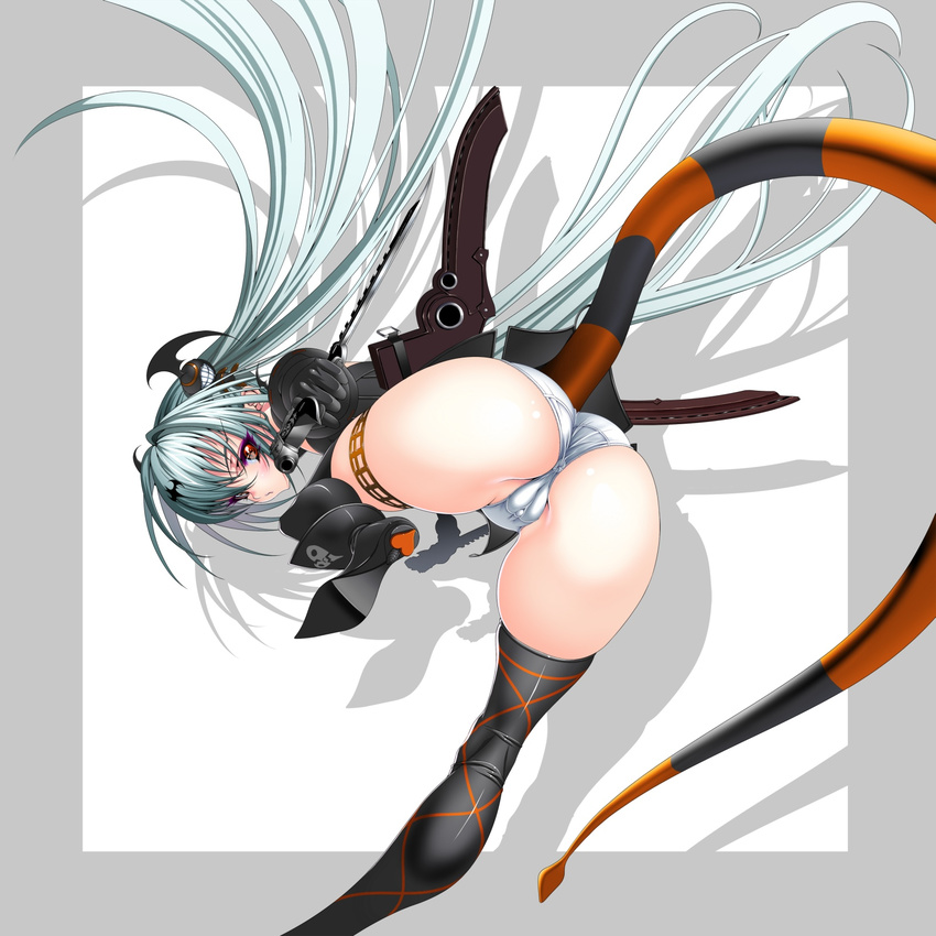 alice_(queen's_gate) anus ass bad_id bad_pixiv_id cameltoe from_behind gun head_wings highres inagaki long_hair looking_back panties queen's_gate red_eyes silver_hair solo tail thighhighs underwear very_long_hair weapon white_panties