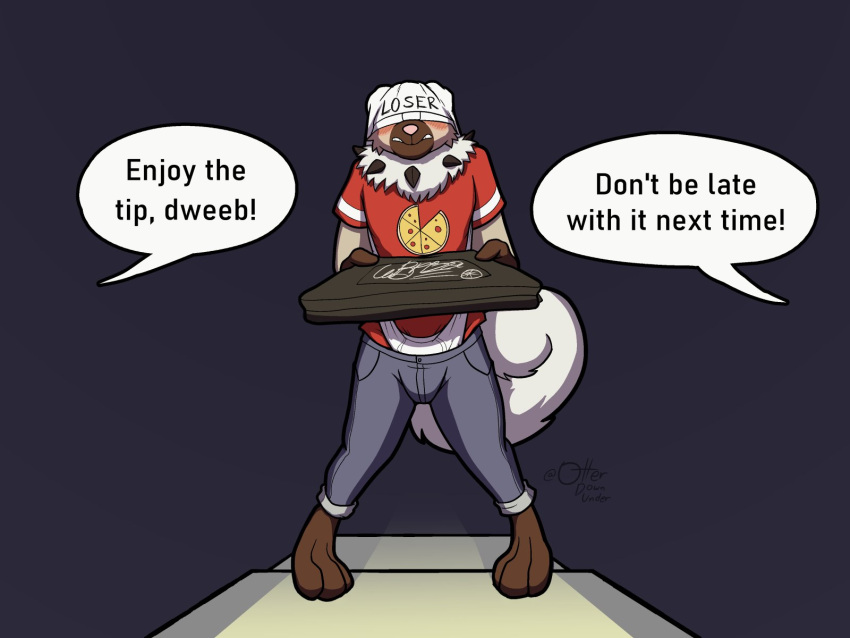 3_toes 4:3 anthro anthrofied atomic_wedgie blush briefs canid canine clothed clothing delivery_(commerce) delivery_employee dialogue digital_drawing_(artwork) digital_media_(artwork) english_text feet food_carrier food_delivery fur hi_res humiliation male mammal nintendo offscreen_character otterdownunder pizza_box pizza_delivery pizza_delivery_carrier pok&eacute;mon pok&eacute;mon_(species) pok&eacute;morph rockruff simple_background solo spikes spikes_(anatomy) text toes underwear video_games wedgie