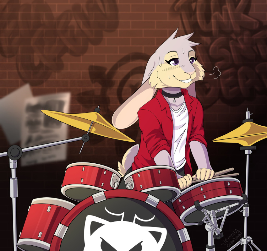 2019 anthro blush bodily_fluids breath brick_wall cheek_tuft clothed clothing detailed_background digital_drawing_(artwork) digital_media_(artwork) drum drum_set drumming_stick emmycrew facial_tuft female floppy_ears fully_clothed fur graffiti grin happy head_tuft hi_res inside lagomorph leporid long_ears mammal musical_instrument narrowed_eyes percussion_instrument percussion_mallet pink_body pink_fur purple_eyes rabbit riley_(scratch21) scratch21 scut_tail short_tail signature sitting smile solo sweat tan_body tan_fur text tuft wall_(structure)