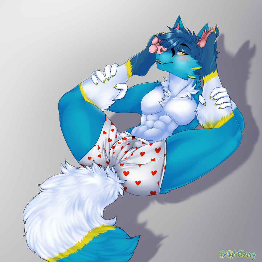 &lt;3 1:1 2021 abs absurd_res anthro betty_&amp;_cherry biceps biped black_body black_fur blue_body blue_fur blue_hair blush blushing_profusely bottomwear boxers_(clothing) bulge butt canid canine canis cheek_tuft chest_tuft claws clothed clothing colored detailed digital_drawing_(artwork) digital_media_(artwork) dipstick_tail eyebrows facial_tuft feet ferdinand_the_folf finger_claws fingers fox full-length_portrait fur fur_markings hair heart_boxers heart_pattern hi_res inner_ear_fluff laying_on_ground leg_tuft logo looking_at_viewer lying male mammal markings mostly_nude multicolored_body multicolored_ears multicolored_fur multicolored_tail muscular muscular_anthro muscular_male navel neck_tuft partially_clothed pawpads paws pecs pink_body pink_fur pink_nose pink_pawpads plantigrade portrait presenting presenting_hindquarters shaded shadow signature simple_background skimpy smile smiling_at_viewer solo tail_markings teeth teeth_showing text thick_thighs triceps tuft two_tone_body underwear white_body white_fur yellow_body yellow_claws yellow_eyes yellow_fur
