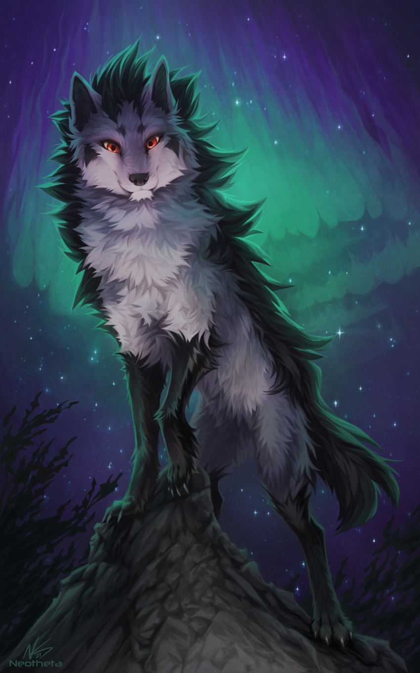 10:16 2021 4_toes ambiguous_gender aurora_borealis black_body black_fur black_nose canid canine canis dated detailed_background digital_media_(artwork) digital_painting_(artwork) feet feral fur grey_body grey_fur hi_res mammal mightyena neotheta night nintendo outside paws pok&eacute;mon pok&eacute;mon_(species) quadruped red_eyes shaded signature sky smile solo standing star starry_sky toes video_games wolf