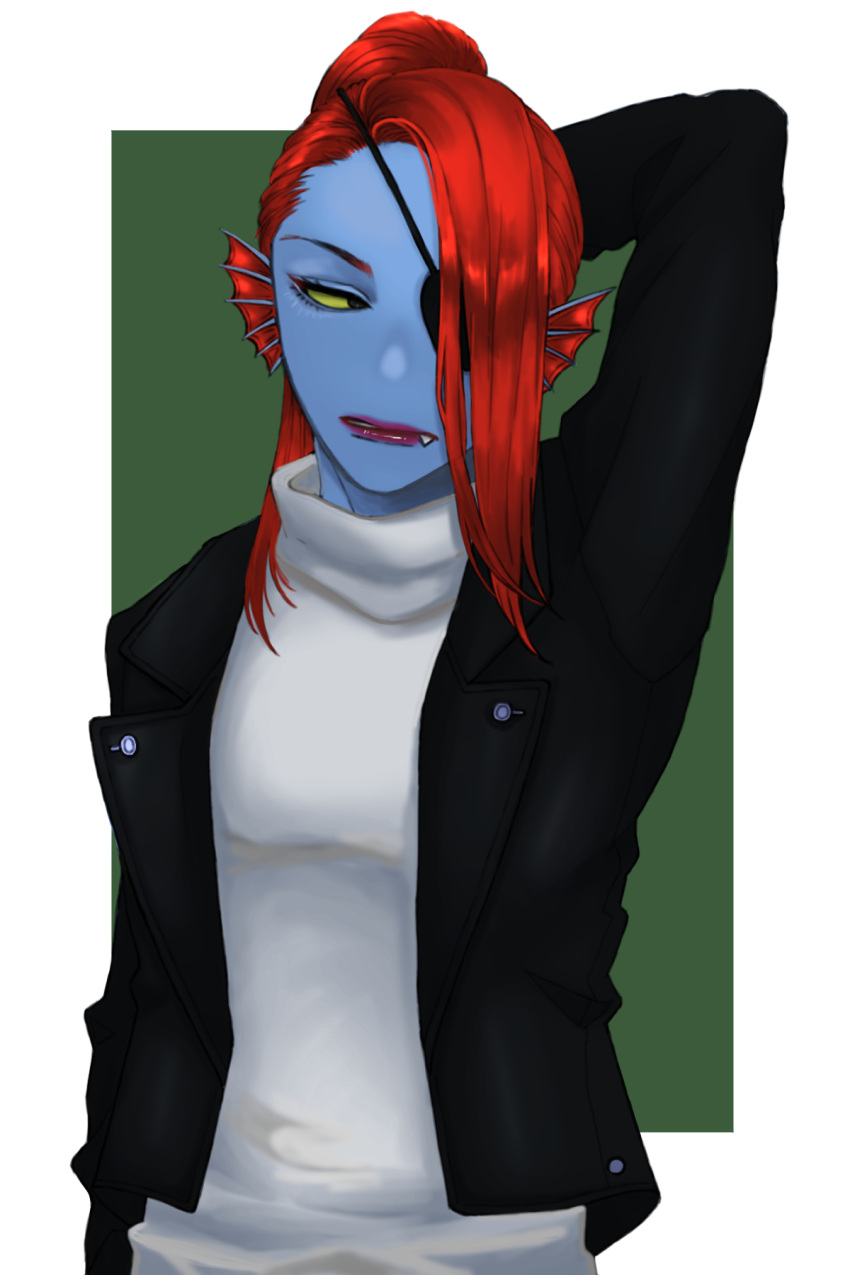 2:3 8asnar animal_humanoid blue_body blue_skin clothing ear_fins eye_patch eyewear female fin fish fish_humanoid front_view hair hair_over_eye hi_res humanoid jacket looking_aside marine marine_humanoid one_eye_obstructed ponytail red_hair shirt simple_background solo topwear undertale_(series) undyne white_clothing white_shirt white_topwear yellow_sclera
