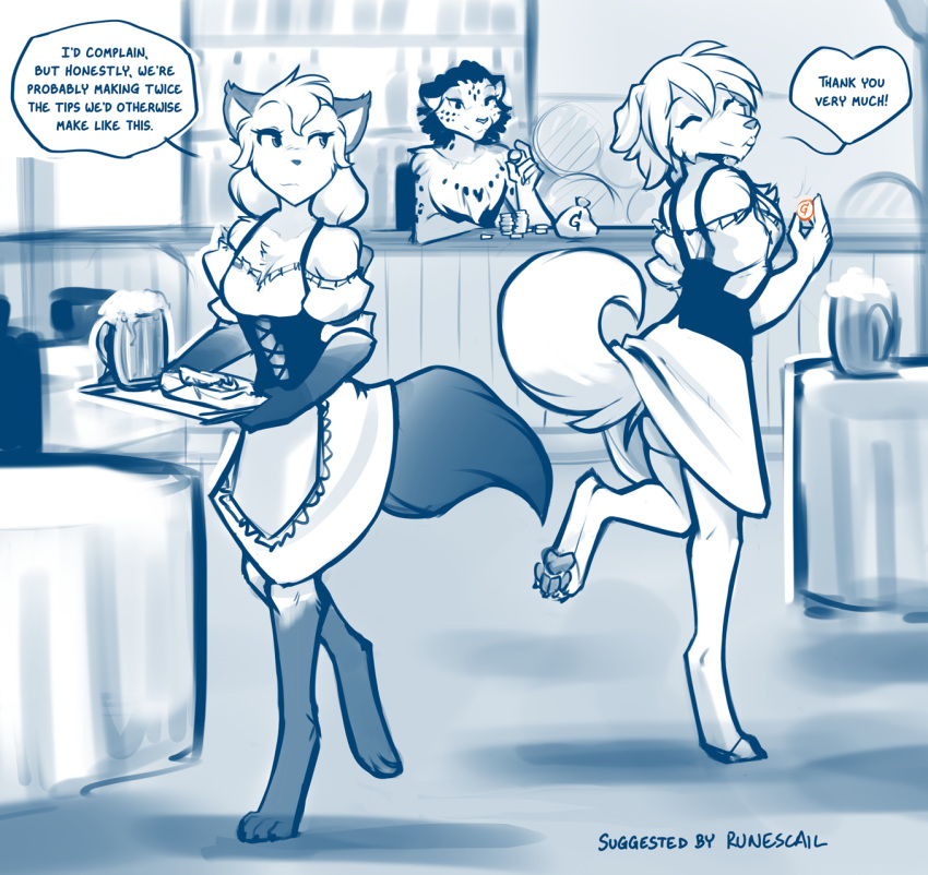 2021 adira_(twokinds) alcohol anthro apron bare_shoulders barefoot beer beverage blep blue_and_white blush bottomwear breasts canid canine canis chest_tuft cleavage clothed clothing coin conditional_dnp corset crossgender dialogue digitigrade domestic_dog dress duo_focus english_text evals eyes_closed feet felid female footwear fox fur gloves_(marking) group hi_res holding_object holding_tray inside keidran leg_markings legwear lingerie mammal markings mike_(twokinds) monochrome mtf_crossgender one_leg_up pantherine pawpads raised_leg restaurant sketch skirt snow_leopard socks socks_(marking) spots spotted_body spotted_fur stockings tankard text thigh_highs thigh_socks toeless_legwear toeless_stockings tom_fischbach tongue tongue_out topwear tray trio tuft twokinds waiter waitress_outfit webcomic