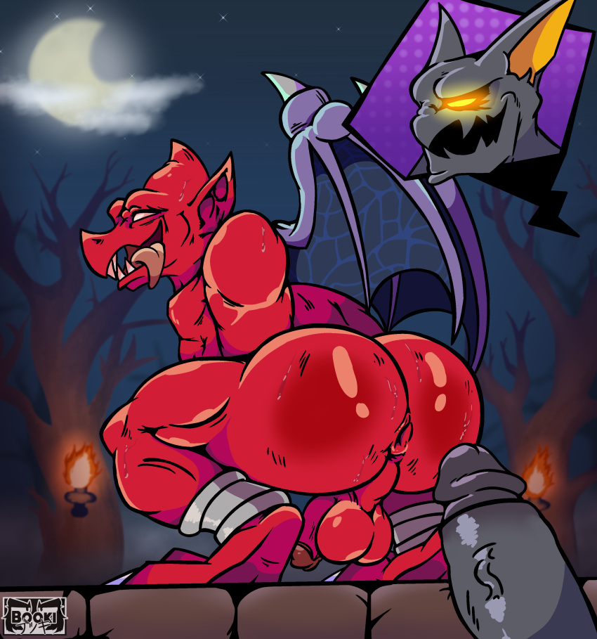 absurd_res arma_(demon's_crest) balls battle_damage butt demon el_booki firebrand genitals hi_res male moon penis red_arremer red_body spank_marks tongue tongue_out video_games wings