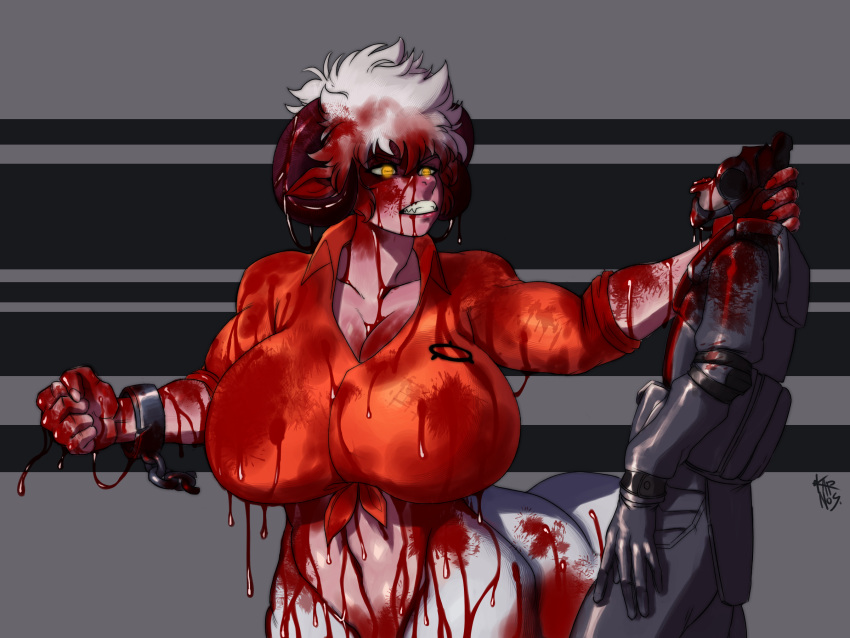 4:3 angry anthro big_breasts blood blood_on_clothing blood_on_face blood_on_hand blood_splatter bodily_fluids bottomless bovid bovid_horn bovid_taur breasts caprine caprine_horn caprine_taur chain clothed clothing corpse darky_karnos death digital_drawing_(artwork) digital_media_(artwork) dripping_blood duo female fur gore grey_body grey_fur grey_hair hair hi_res horn huge_breasts human inmates_clothing killing larger_female lexy_the_sheep_taur male male/female mammal mammal_taur muscular mutilated_face mutilation ram_horn rampage restraints scp-6714 scp_foundation security_guard security_uniform shackles sharp_teeth sheep sheep_taur simple_background size_difference taur teeth tied_clothing yellow_eyes