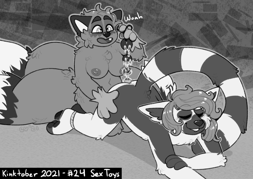 2021 absurd_res ambiguous_gender anal_beads andromorph andromorph/female canid canine crownedvictory dialogue domestic_cat english_text felid feline felis female fox greyscale hi_res hybrid intersex intersex/female kinktober lemur mammal monochrome parsley_(thyme) primate ring-tailed_lemur sex_toy smile strepsirrhine tagme tailskemon text