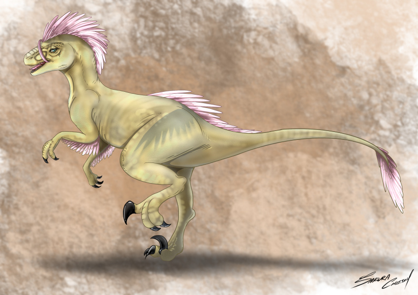 brown_background claws dinosaur dromaeosaurid fangs female feral fluttershy_(mlp) friendship_is_magic hasbro hi_res looking_at_viewer my_little_pony on_one_leg open_mouth race_swap reptile sakuracheetah scalie signature simple_background solo standing theropod tongue