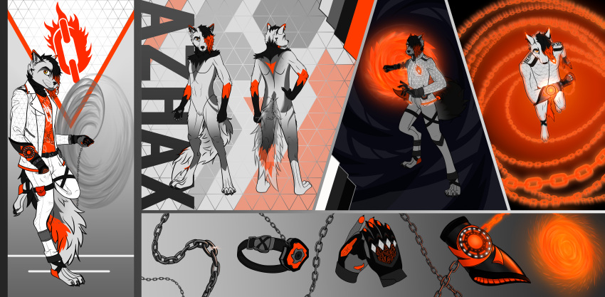 absurd_res anthro azhax belt black_body black_fur bracelet canid canine chain chainsaw clothing electronic_device electronics fox fur gloves grey_body grey_fur handwear hi_res jacket jewelry leather leather_clothing leather_jacket leather_topwear magnet magnetism male mammal marble_fox model_sheet orange_body orange_fur orange_light power power_tool red_fox redraw saw solo tools topwear white_body white_fur