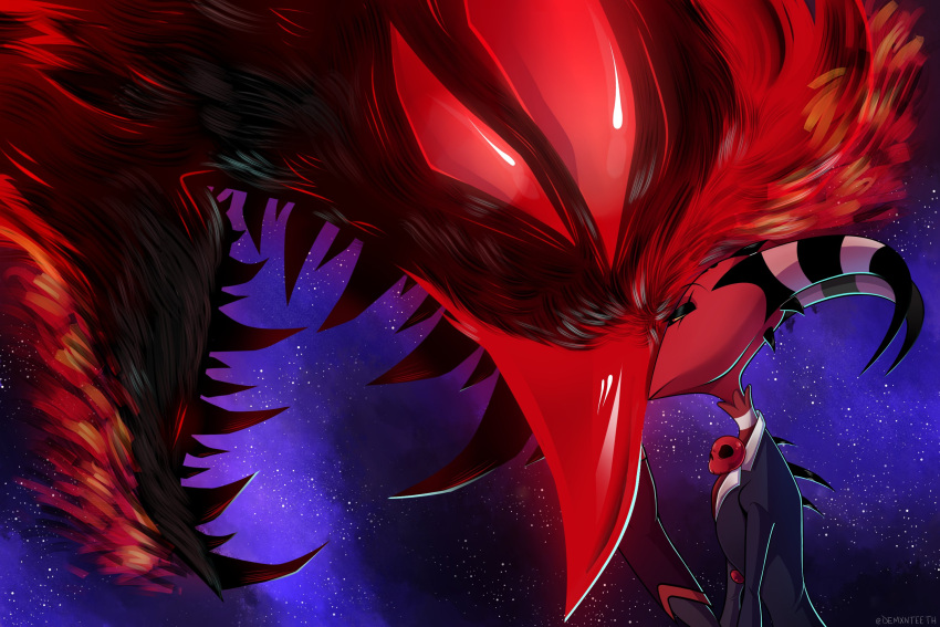 3:2 4_eyes anthro avian back_spikes beak blitzo_(helluva_boss) clothed clothing cosmic_background demonic demxnteeth duo eyes_closed fangs feral hand_on_beak head_to_head helluva_boss hi_res imp looking_at_another male multi_eye open_mouth owl_demon red_eyes space space_background spikes spikes_(anatomy) stolas_(helluva_boss)