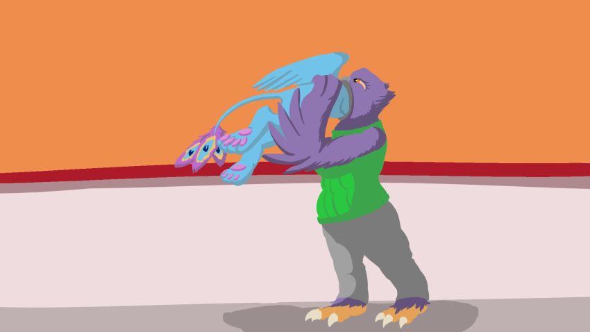 16:9 anthro anthro_pred avian beak bird bird_feet blue_body clothing feathered_wings feathers female female_pred feral feral_prey galliform green_eyes gryphon gyro_feather gyrotech hi_res male male_pred mythological_avian mythology oral_vore owl paws peafowl phasianid pink_body purple_body quadruped same_size_vore silent_e sweater sweater_vest sweatpants tail_tuft topwear tuft valerie_(saybin) vest vore widescreen wings